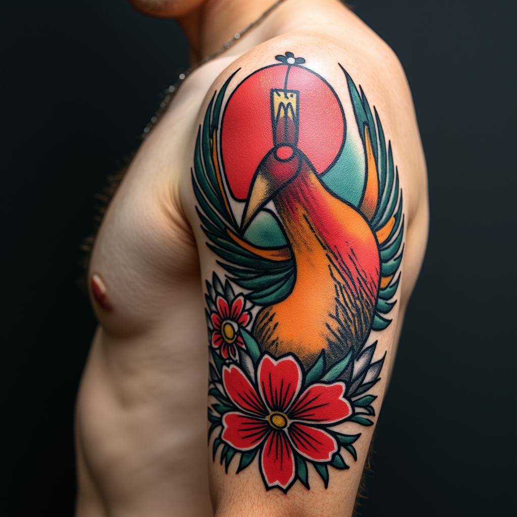 Phoenixin pop art style tattoo, featuring bold and vibrant colors, exaggerated outlines, iconic imagery, inspired by comic books and speech bubbles, comic book characters, retro pop culture - Variation 6