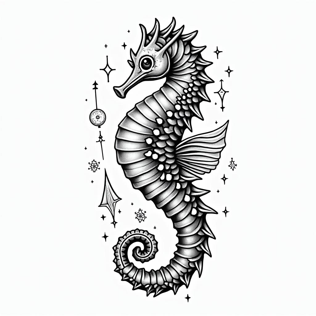Seahorse tribal authentic boldin prophecy tattoo style, featuring mystical symbols, celestial imagery like stars, moons, suns, geometric patterns, foretelling elements, an eye of wisdom - Variation 2