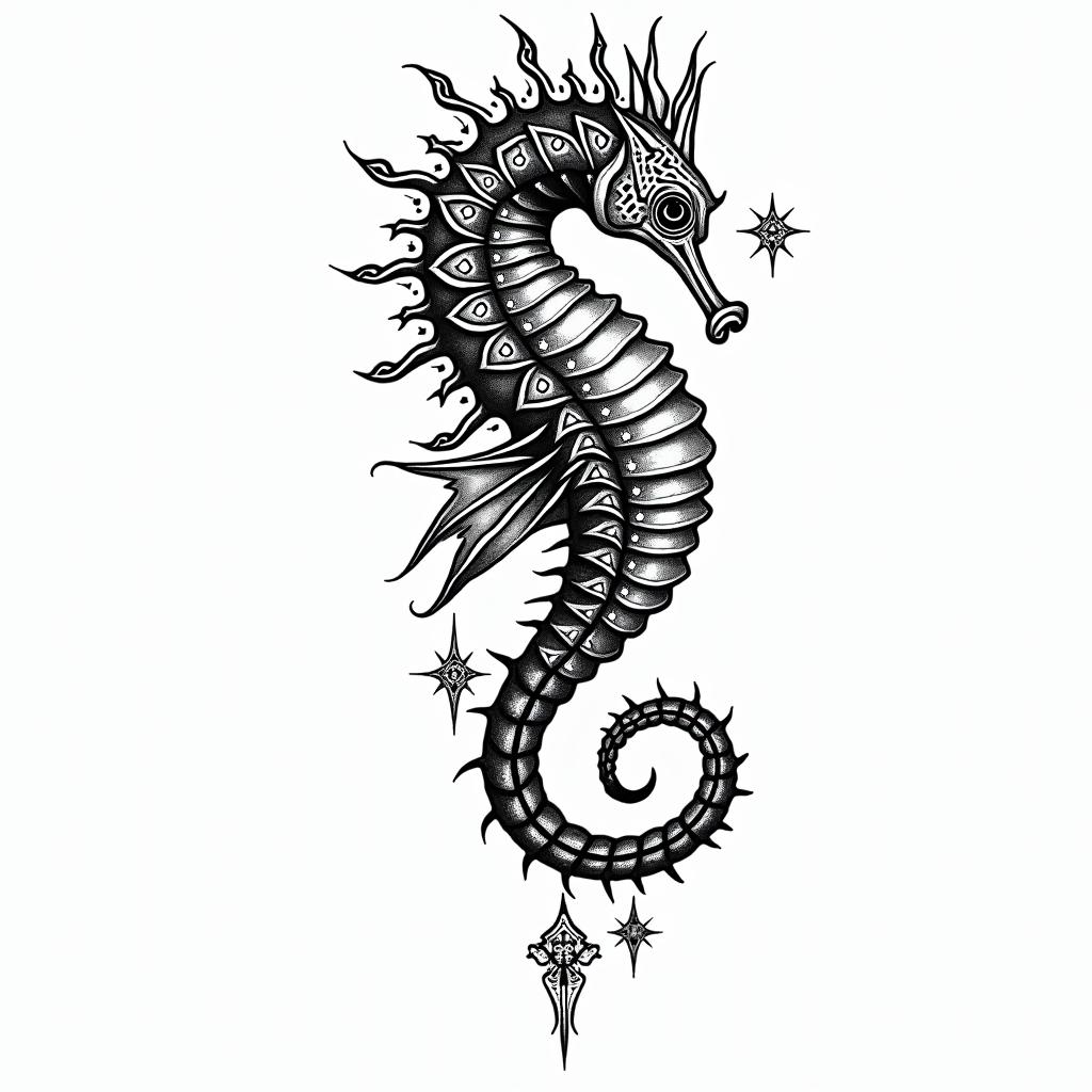 Seahorse tribal authentic boldin prophecy tattoo style, featuring mystical symbols, celestial imagery like stars, moons, suns, geometric patterns, foretelling elements, an eye of wisdom