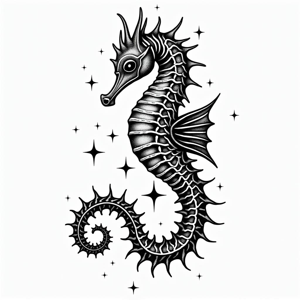 Seahorse tribal authentic boldin prophecy tattoo style, featuring mystical symbols, celestial imagery like stars, moons, suns, geometric patterns, foretelling elements, an eye of wisdom - Variation 3