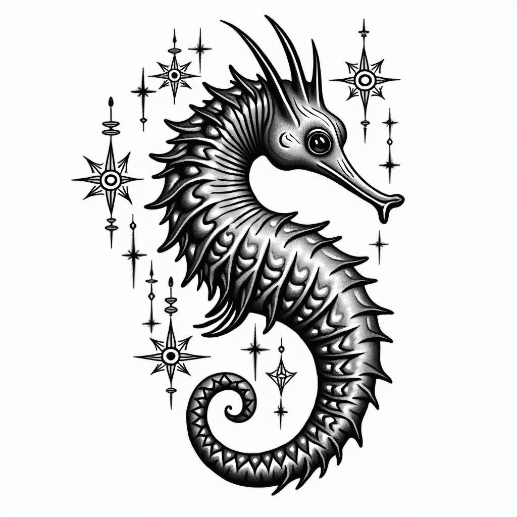 Seahorse tribal authentic boldin prophecy tattoo style, featuring mystical symbols, celestial imagery like stars, moons, suns, geometric patterns, foretelling elements, an eye of wisdom - Variation 4