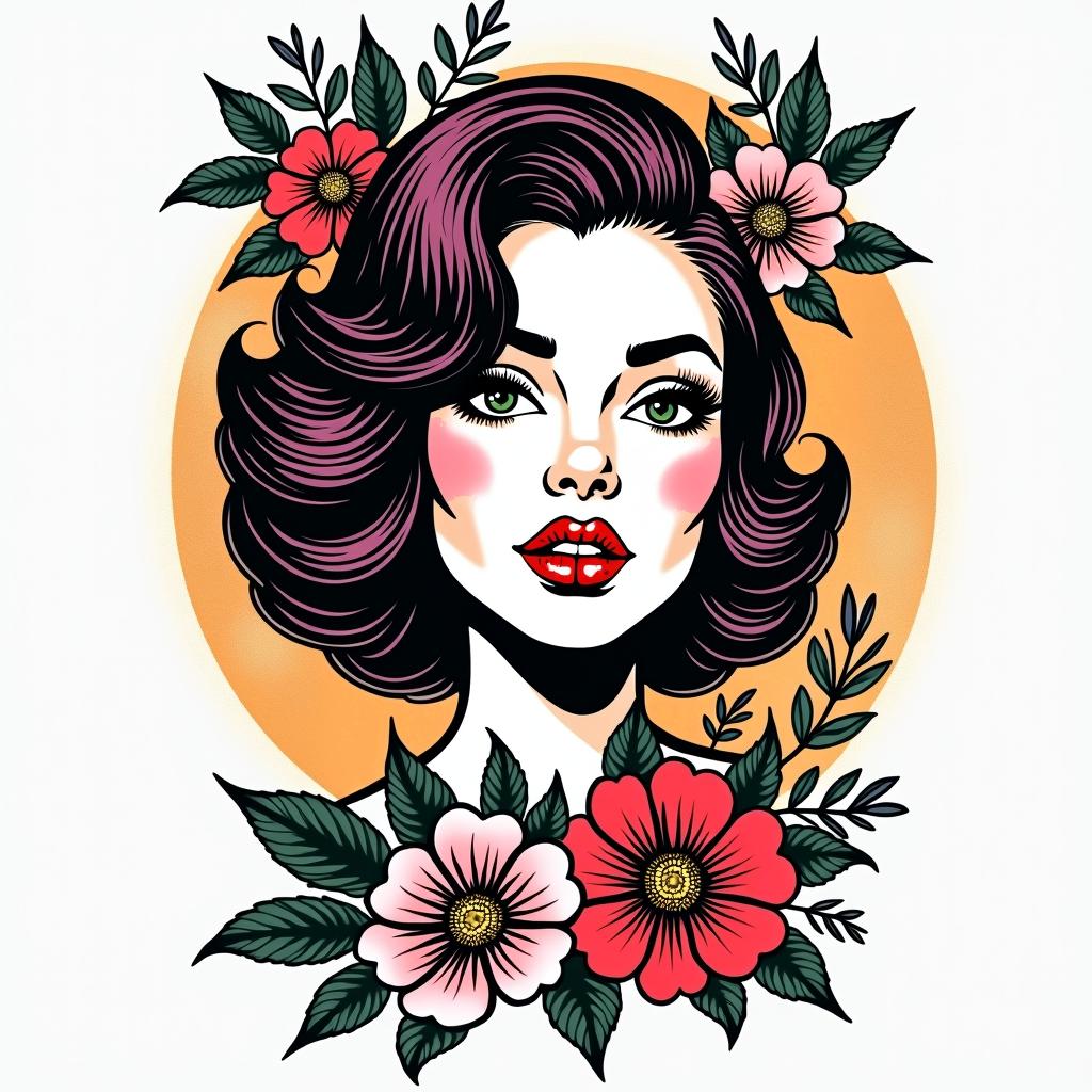 Nayara, 34 years old, Leo sign, I am the mother of 3 girls and I like flowers.in pop art style tattoo, featuring bold and vibrant colors, exaggerated outlines, iconic imagery, inspired by comic books and speech bubbles, comic book characters, retro pop culture