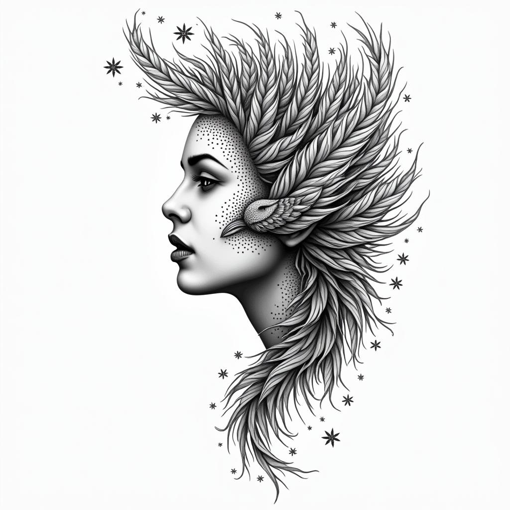Right side of a woman’s face as the other side is turning into feathers that are turning into a bird flying awayin dotwork style tattoo, complex mandala patterns, interlocking geometric shapes with sharp symmetry, clean lines, sharp angles - Variation 2