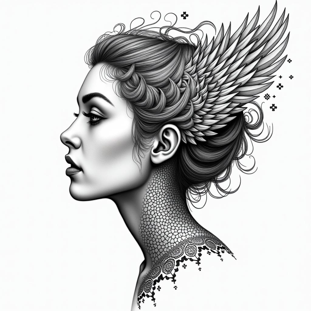 Right side of a woman’s face as the other side is turning into feathers that are turning into a bird flying awayin dotwork style tattoo, complex mandala patterns, interlocking geometric shapes with sharp symmetry, clean lines, sharp angles - Variation 3