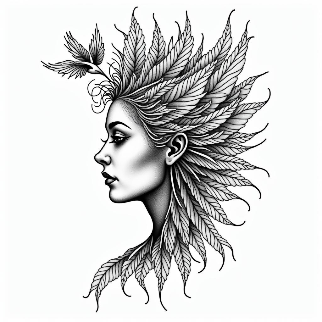 Right side of a woman’s face as the other side is turning into feathers that are turning into a bird flying awayin dotwork style tattoo, complex mandala patterns, interlocking geometric shapes with sharp symmetry, clean lines, sharp angles