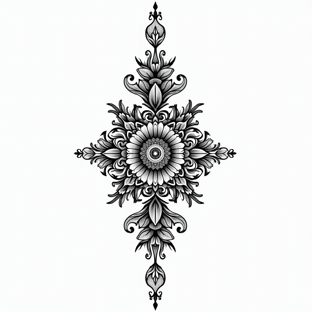 Straight linein ornamental tattoo style, featuring intricate symmetrical patterns and floral designs, showcasing highly detailed line work and geometric shapes, creating a sense of elegance and balance - Variation 3