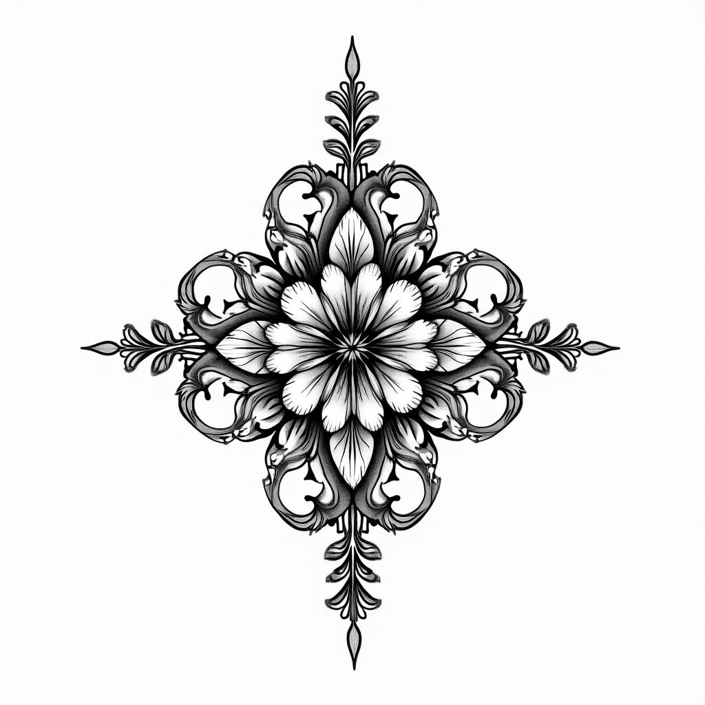 Straight linein ornamental tattoo style, featuring intricate symmetrical patterns and floral designs, showcasing highly detailed line work and geometric shapes, creating a sense of elegance and balance - Variation 2