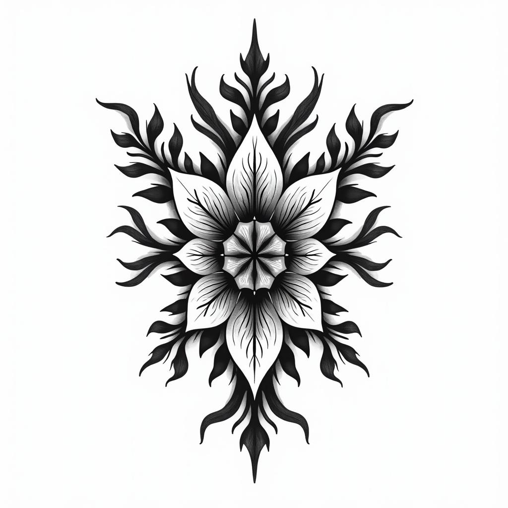 Straight linein ornamental tattoo style, featuring intricate symmetrical patterns and floral designs, showcasing highly detailed line work and geometric shapes, creating a sense of elegance and balance