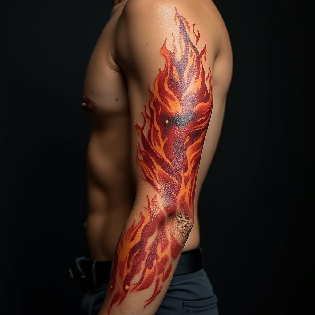 Phoenixin flame tattoo style showcasing fiery elements with dynamic flame patterns, glowing effect of flames, natural colors - Variation 3