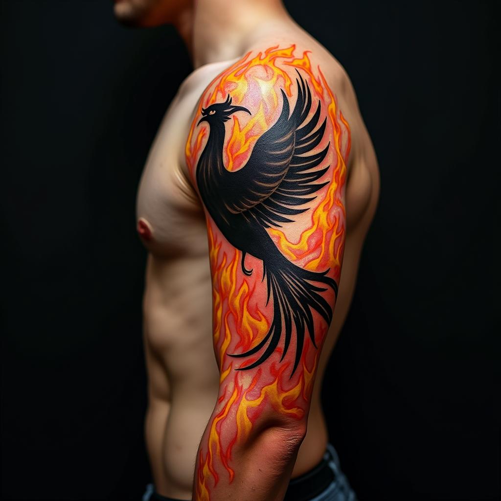 Phoenixin flame tattoo style showcasing fiery elements with dynamic flame patterns, glowing effect of flames, natural colors - Variation 2