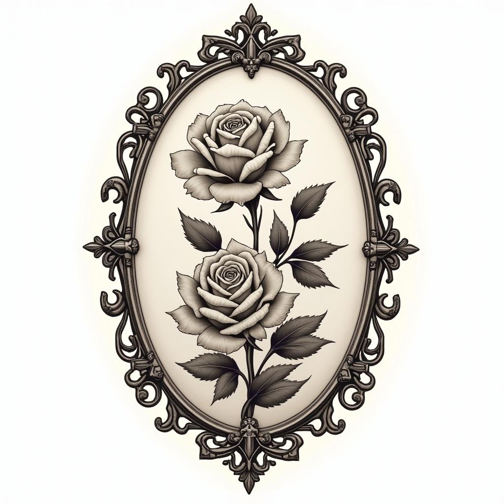 Graphic flowerin victorian style tattoo, featuring vintage and elegant elements, ornate frames, roses, antique, sepia-toned color scheme - Variation 4