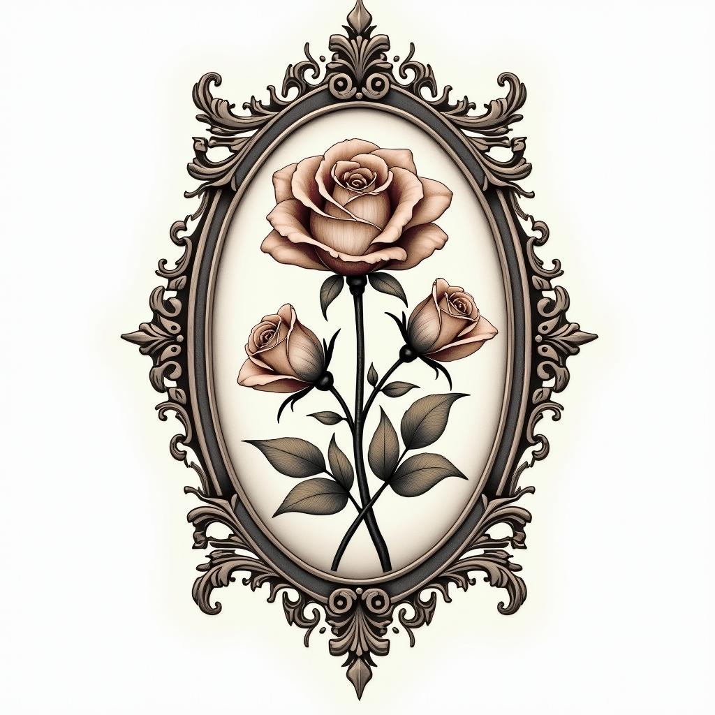 Graphic flowerin victorian style tattoo, featuring vintage and elegant elements, ornate frames, roses, antique, sepia-toned color scheme