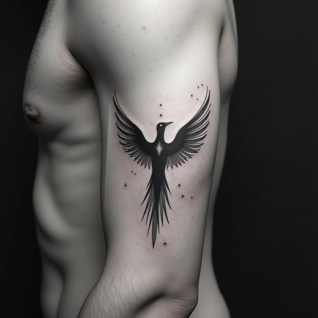 Phoenixin minimalist style tattoo, featuring simple shapes and fine lines, with minimal shading and details, tiny triangles, creating a sense of balance and harmony - Variation 7