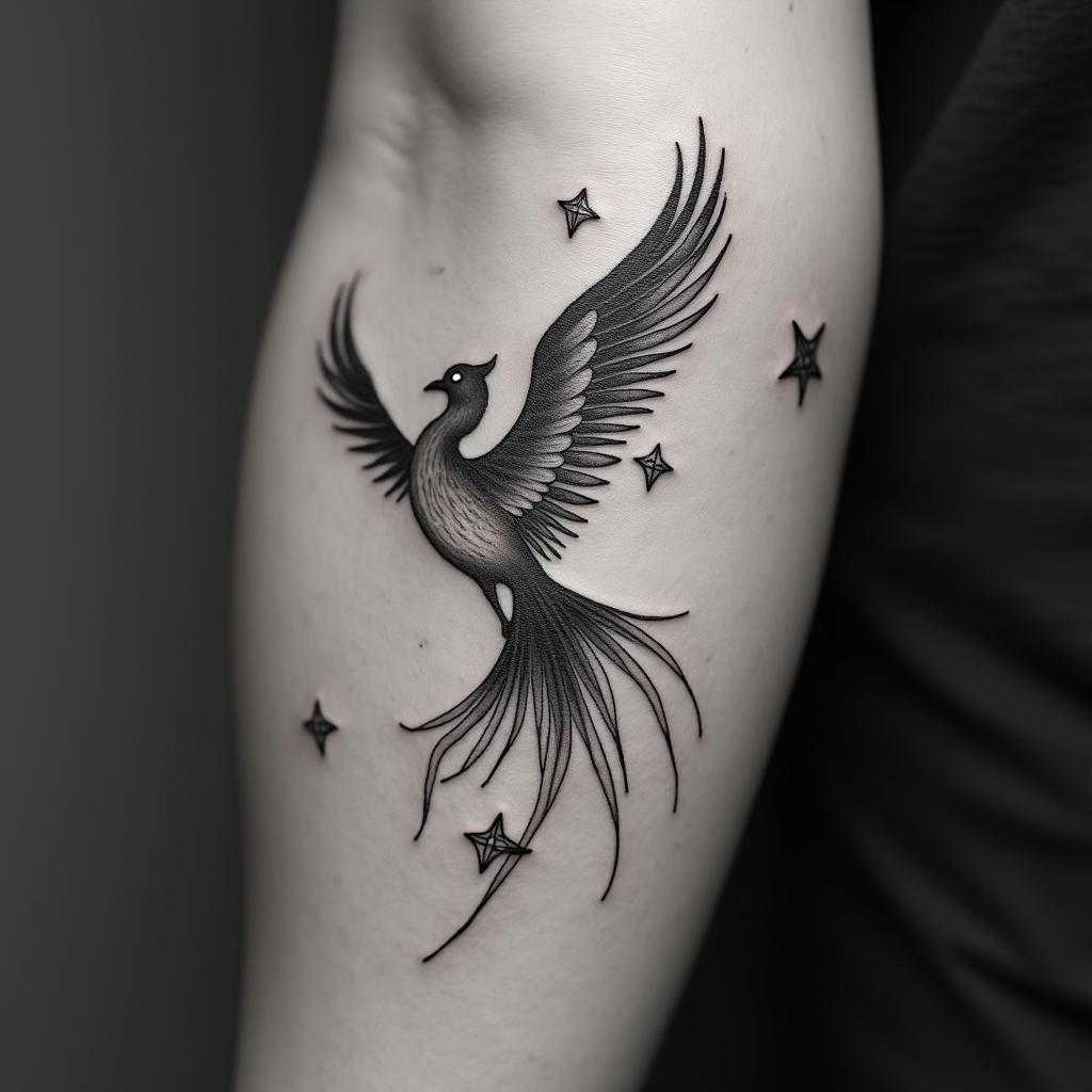 Phoenixin minimalist style tattoo, featuring simple shapes and fine lines, with minimal shading and details, tiny triangles, creating a sense of balance and harmony - Variation 6