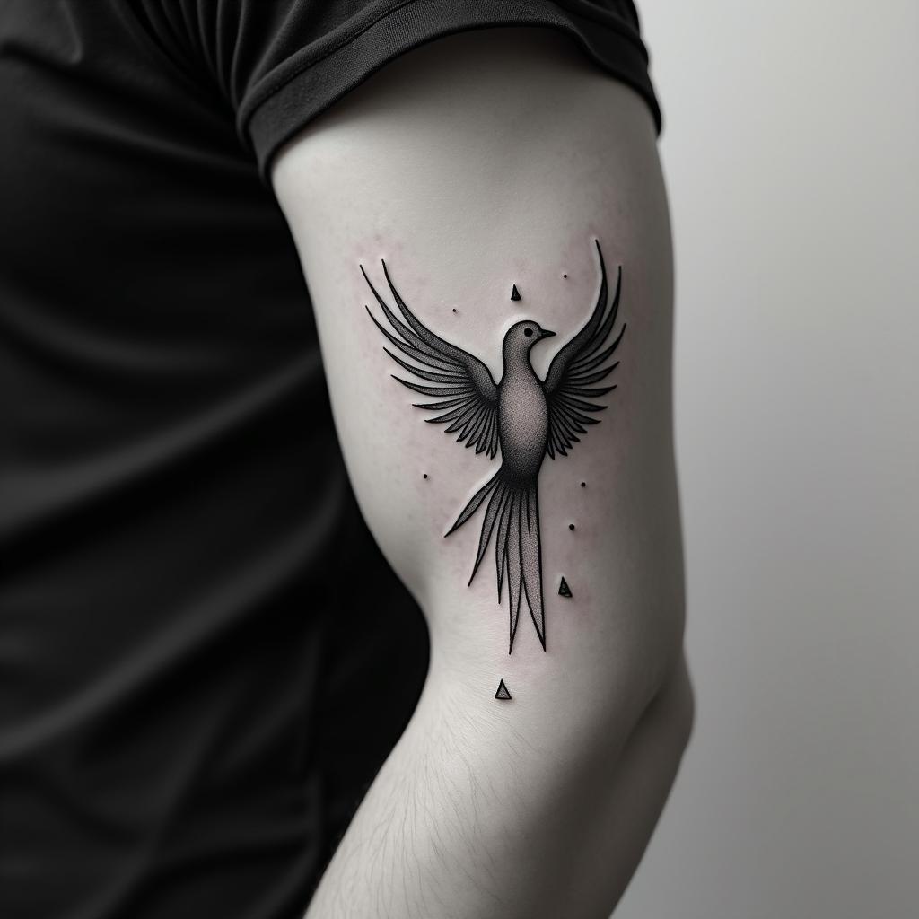 Phoenixin minimalist style tattoo, featuring simple shapes and fine lines, with minimal shading and details, tiny triangles, creating a sense of balance and harmony - Variation 5