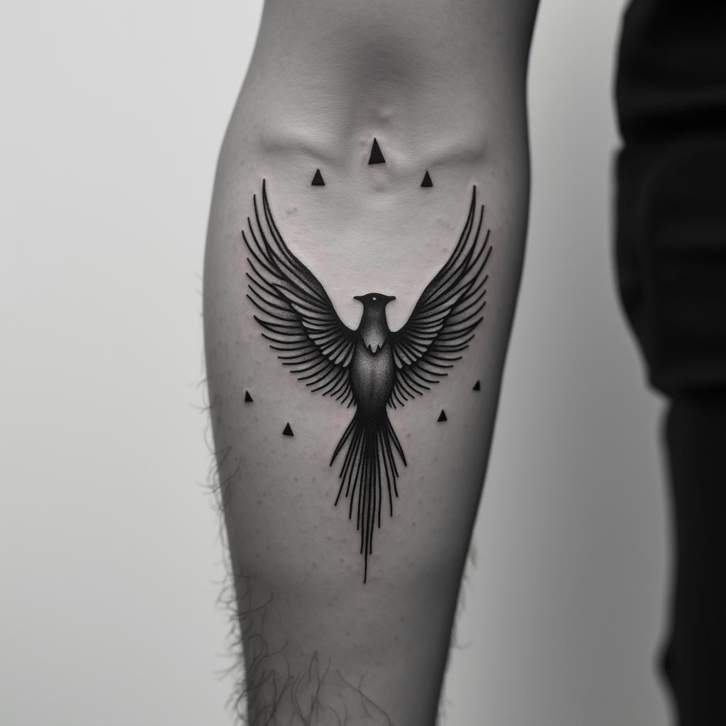 Phoenixin minimalist style tattoo, featuring simple shapes and fine lines, with minimal shading and details, tiny triangles, creating a sense of balance and harmony - Variation 8