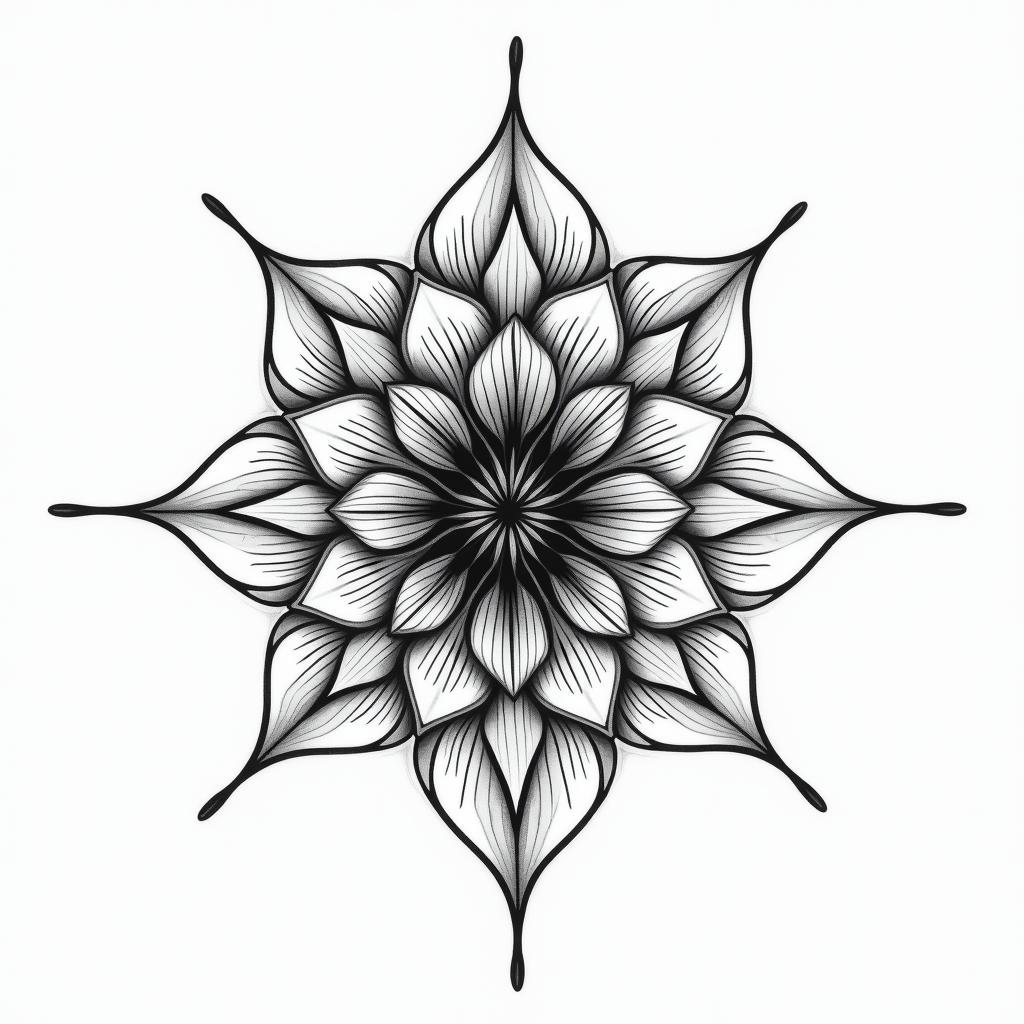 Graphic flower in geometric style tattoo, blending hexagons, mandala-inspired patterns, symmetrical and fractal design, clean lines, sharp angles