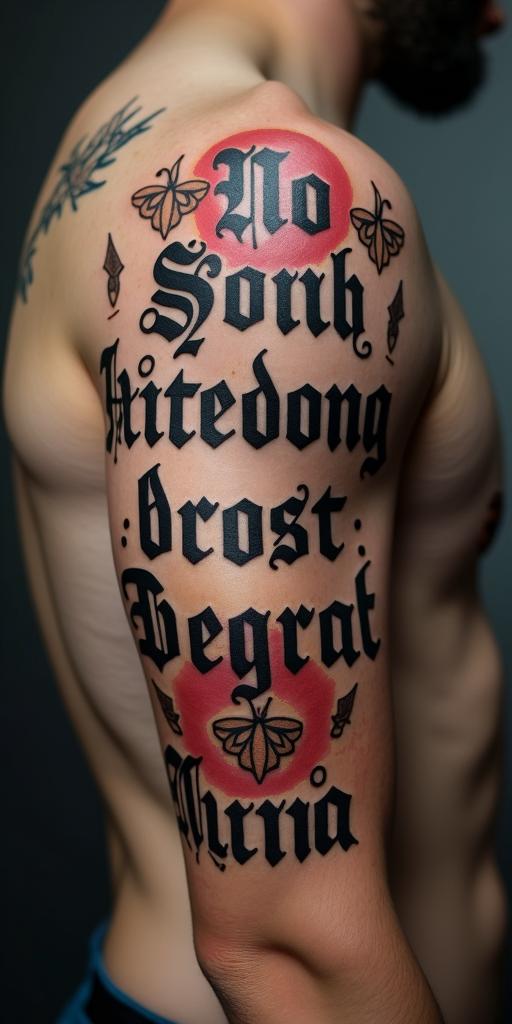 No looking backtext-based tattoo, gothic font ultra-realistic, perfectly placed, high-quality font design, photo-realistic shading, 8k, high quality, finely detailed typography - Variation 4