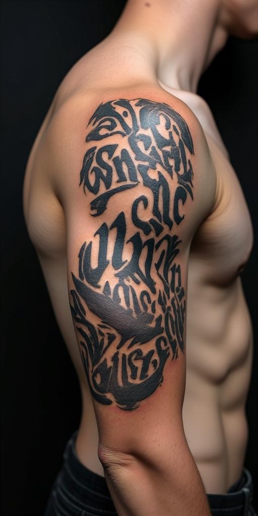 No looking backtext-based tattoo, gothic font ultra-realistic, perfectly placed, high-quality font design, photo-realistic shading, 8k, high quality, finely detailed typography