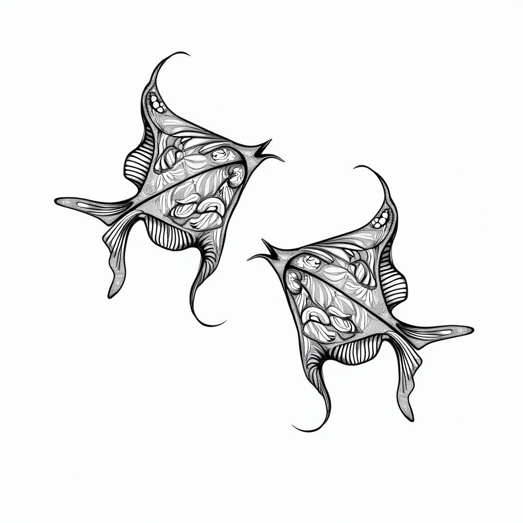 two stylized artistic drawings of rays (marine fish) in black and white, with fluid, detailed, and almost abstract lines, reminiscent of an ornamental tattoo style or artistic sketch. The rays have elegant shapes with curved lines and internal patterns that give a sense of movement and fluidity.in ornamental tattoo style, featuring intricate symmetrical patterns and floral designs, showcasing highly detailed line work and geometric shapes, creating a sense of elegance and balance