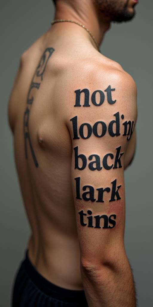 No looking backminimalist text-based tattoo, Monospace font ultra-realistic, perfectly placed, high-quality font design, photo-realistic shading, 8k, high quality, finely detailed typograph - Variation 3