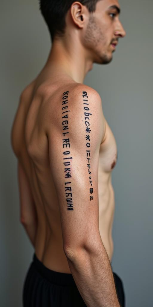 No looking backminimalist text-based tattoo, Monospace font ultra-realistic, perfectly placed, high-quality font design, photo-realistic shading, 8k, high quality, finely detailed typograph - Variation 4