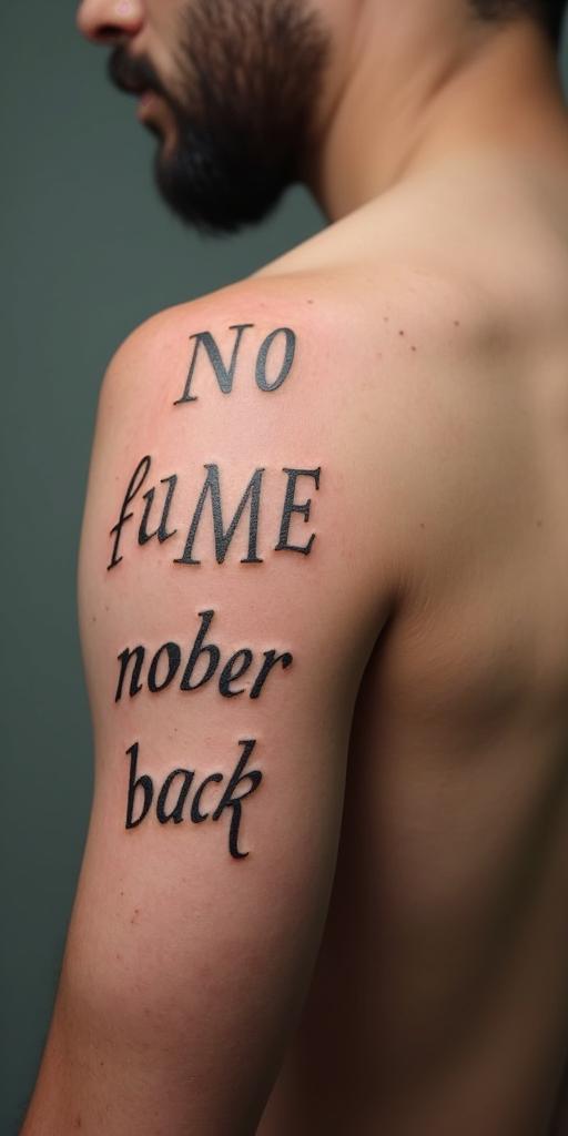 No looking backminimalist text-based tattoo, Monospace font ultra-realistic, perfectly placed, high-quality font design, photo-realistic shading, 8k, high quality, finely detailed typograph