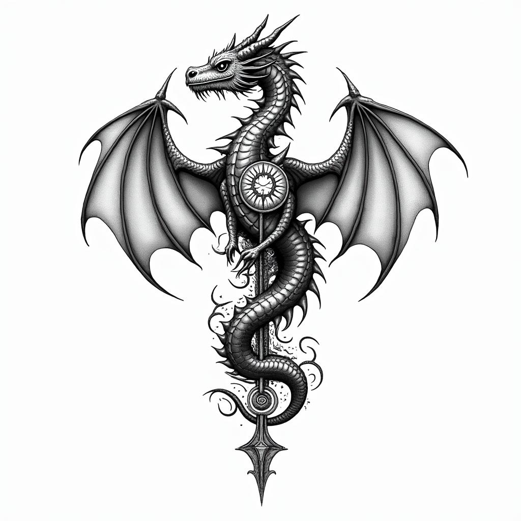 Dragonin paganic style tattoo, featuring ancient symbols, add vegvisir symbol, mystical figures, incorporating designs, pentagrams, runes, crescent moons, - Variation 6