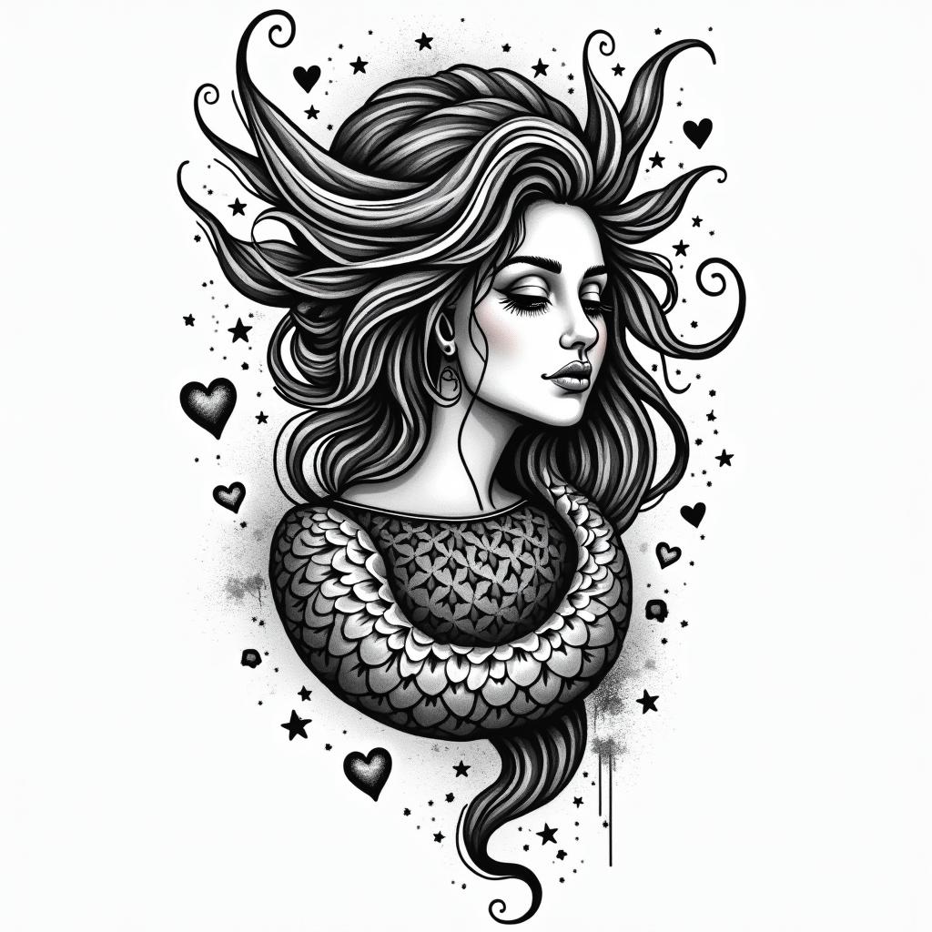 I am a woman, Pisces, empowered, intuitive, healing, growing.in graffiti style tattoo, featuring bold and dynamic street art elements, spray-paint texture with exaggerated lines and expressive, chaotic brushstrokes, intricate lettering incorporated with graffiti tags, symbols like hearts, stars, and wings - Variation 3