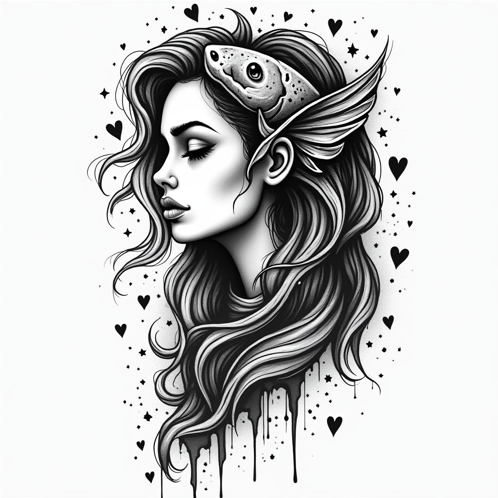 I am a woman, Pisces, empowered, intuitive, healing, growing.in graffiti style tattoo, featuring bold and dynamic street art elements, spray-paint texture with exaggerated lines and expressive, chaotic brushstrokes, intricate lettering incorporated with graffiti tags, symbols like hearts, stars, and wings - Variation 2