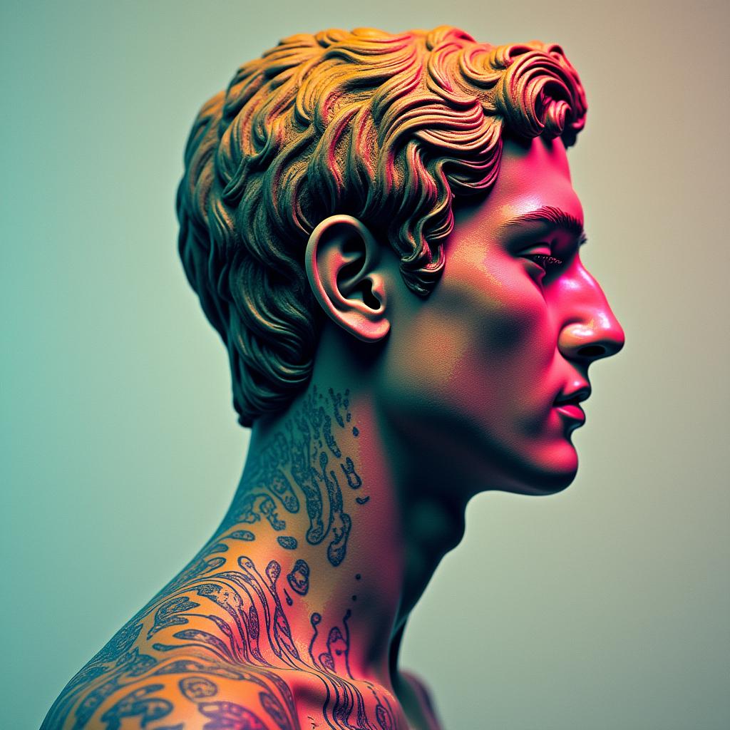 Silent hill polka trashin distorted and fragmented tattoo design, featuring a classical statue bust, in a glitch art style with vibrant, overlapping colors of cyan, magenta, and yellow, creating a digital distortion effect - Variation 3