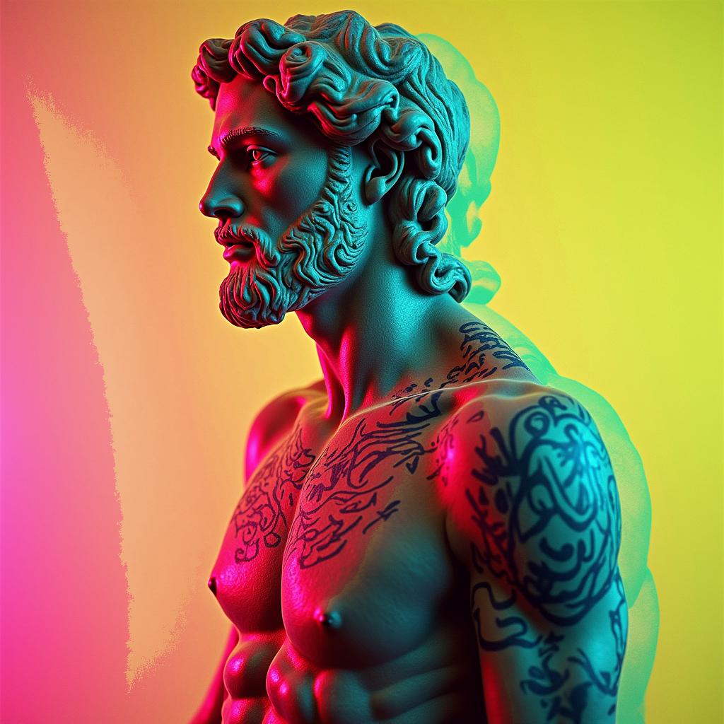 Silent hill polka trashin distorted and fragmented tattoo design, featuring a classical statue bust, in a glitch art style with vibrant, overlapping colors of cyan, magenta, and yellow, creating a digital distortion effect