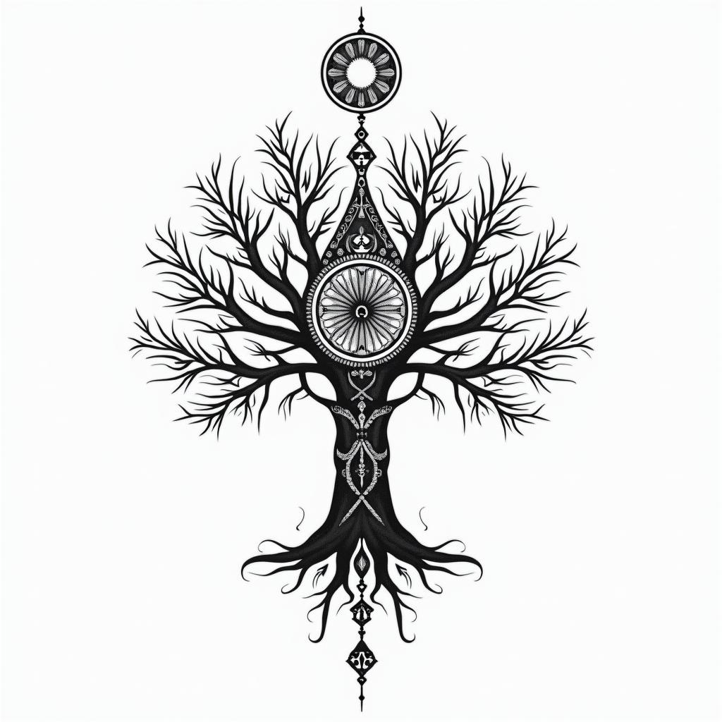 Tree of life inspiration sacred geometry timein spiritual symbols tattoo style, featuring an intricate design incorporating elements, Hamsa hand, third eye, minimalist composition - Variation 3