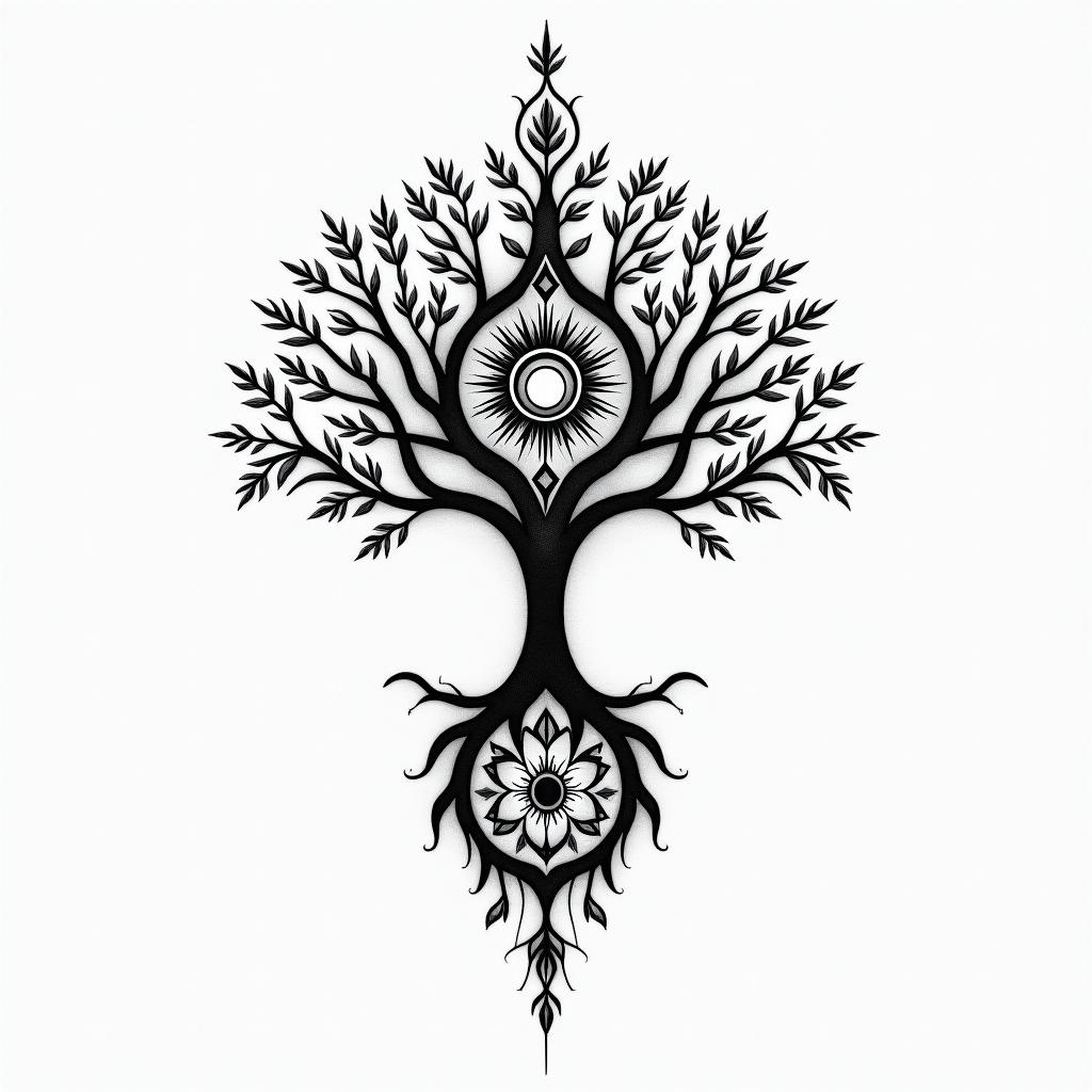 Tree of life inspiration sacred geometry timein spiritual symbols tattoo style, featuring an intricate design incorporating elements, Hamsa hand, third eye, minimalist composition