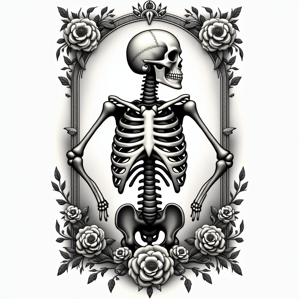A skeleton scene that is black and white Victorian realismin victorian style tattoo, featuring vintage and elegant elements, ornate frames, roses, antique, sepia-toned color scheme - Variation 4