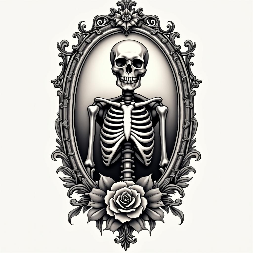 A skeleton scene that is black and white Victorian realismin victorian style tattoo, featuring vintage and elegant elements, ornate frames, roses, antique, sepia-toned color scheme