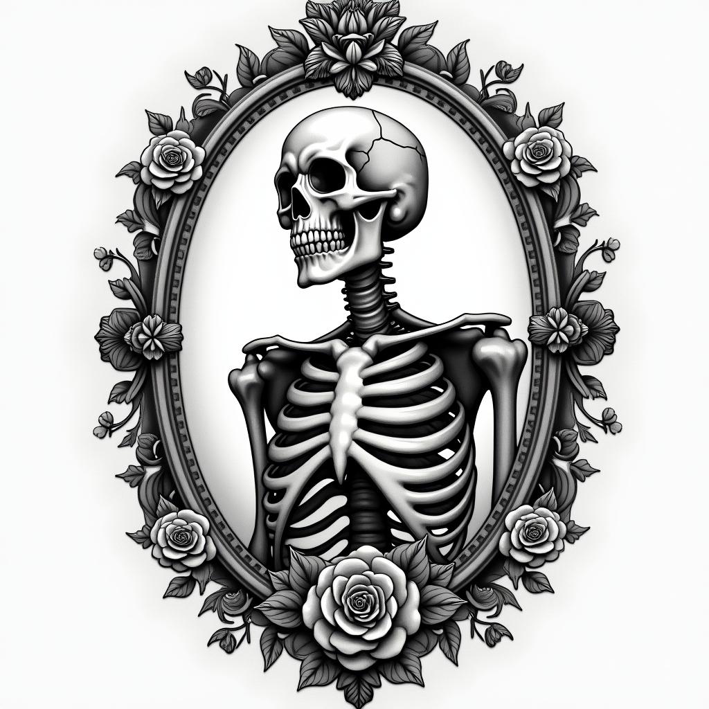 A skeleton scene that is black and white Victorian realismin victorian style tattoo, featuring vintage and elegant elements, ornate frames, roses, antique, sepia-toned color scheme - Variation 2