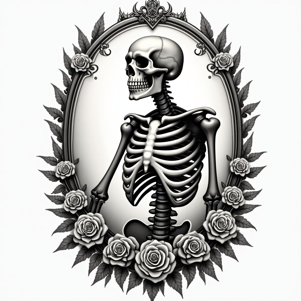 A skeleton scene that is black and white Victorian realismin victorian style tattoo, featuring vintage and elegant elements, ornate frames, roses, antique, sepia-toned color scheme - Variation 3