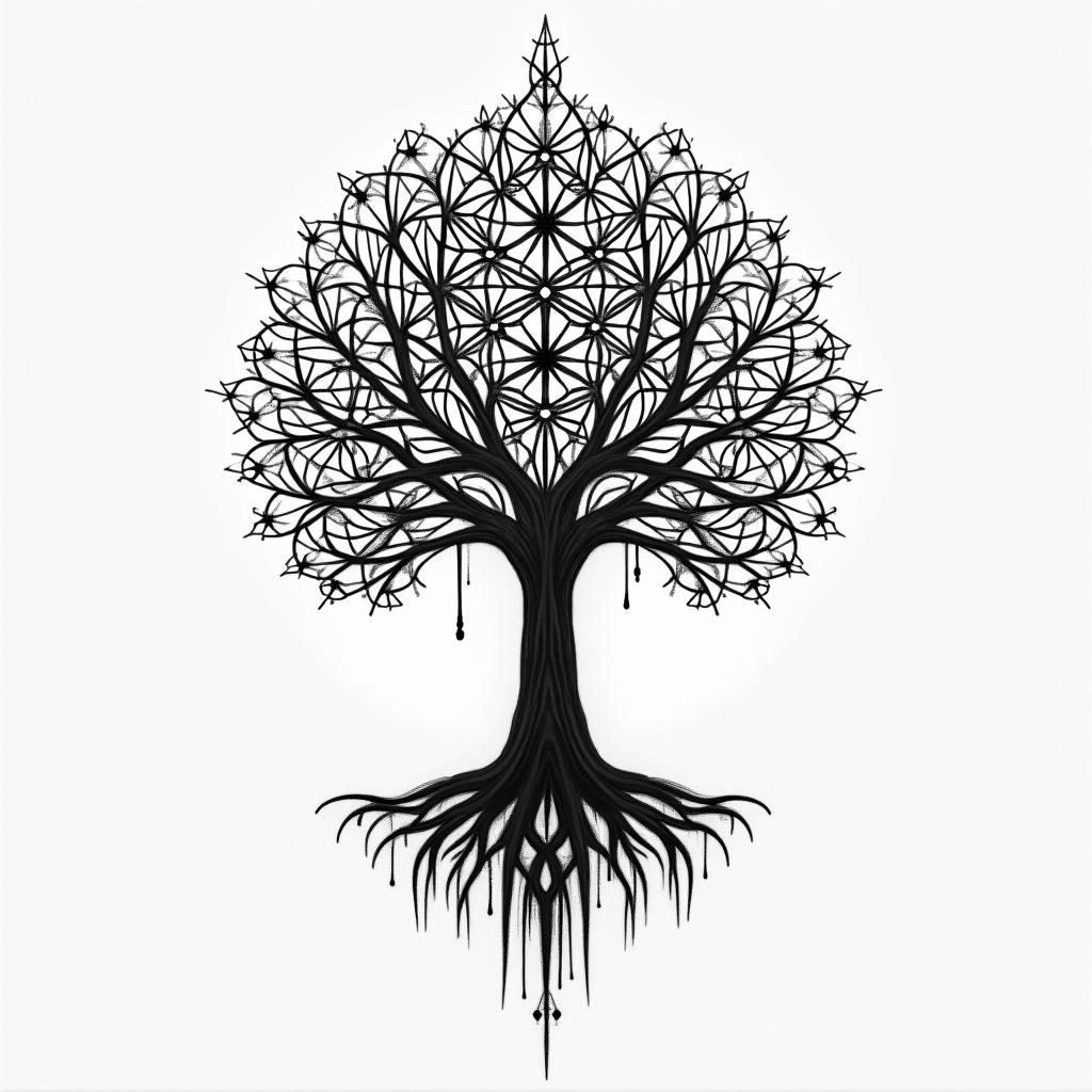 Tree of life inspiration sacred geometry time in geometric style tattoo, blending hexagons, mandala-inspired patterns, symmetrical and fractal design, clean lines, sharp angles