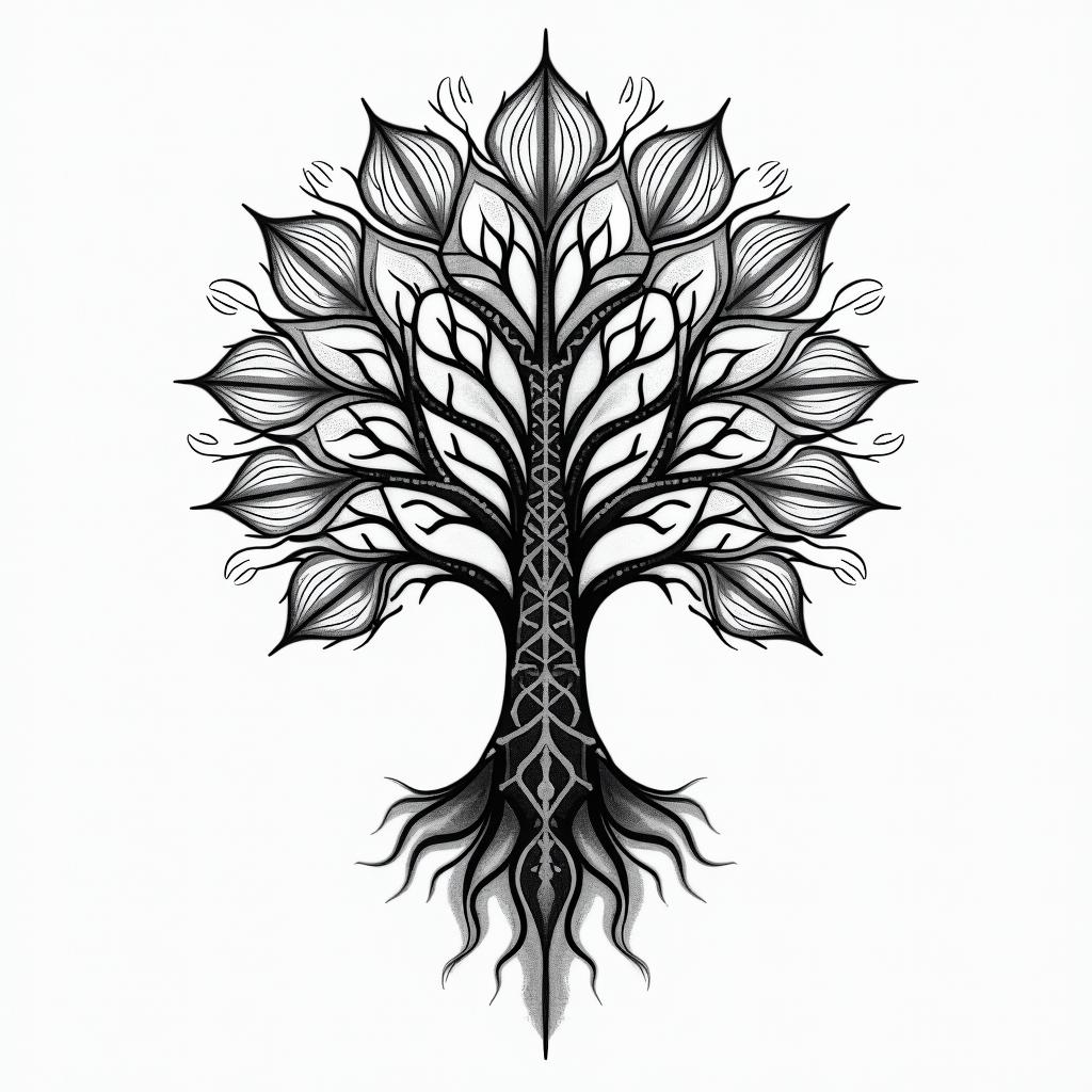 Tree of life inspiration sacred geometry time in geometric style tattoo, blending hexagons, mandala-inspired patterns, symmetrical and fractal design, clean lines, sharp angles - Variation 2