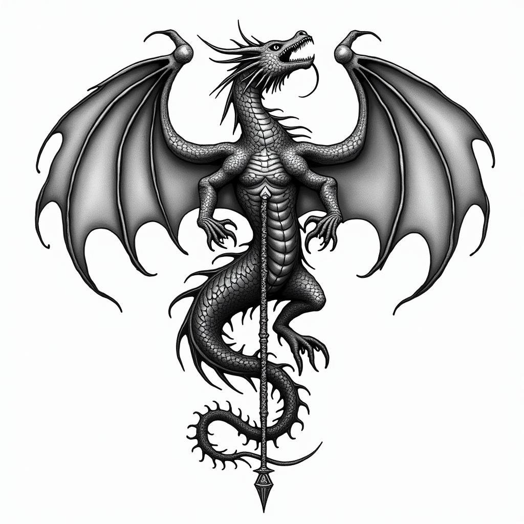 Dragonin paganic style tattoo, featuring ancient symbols, add vegvisir symbol, mystical figures, incorporating designs, pentagrams, runes, crescent moons, - Variation 5