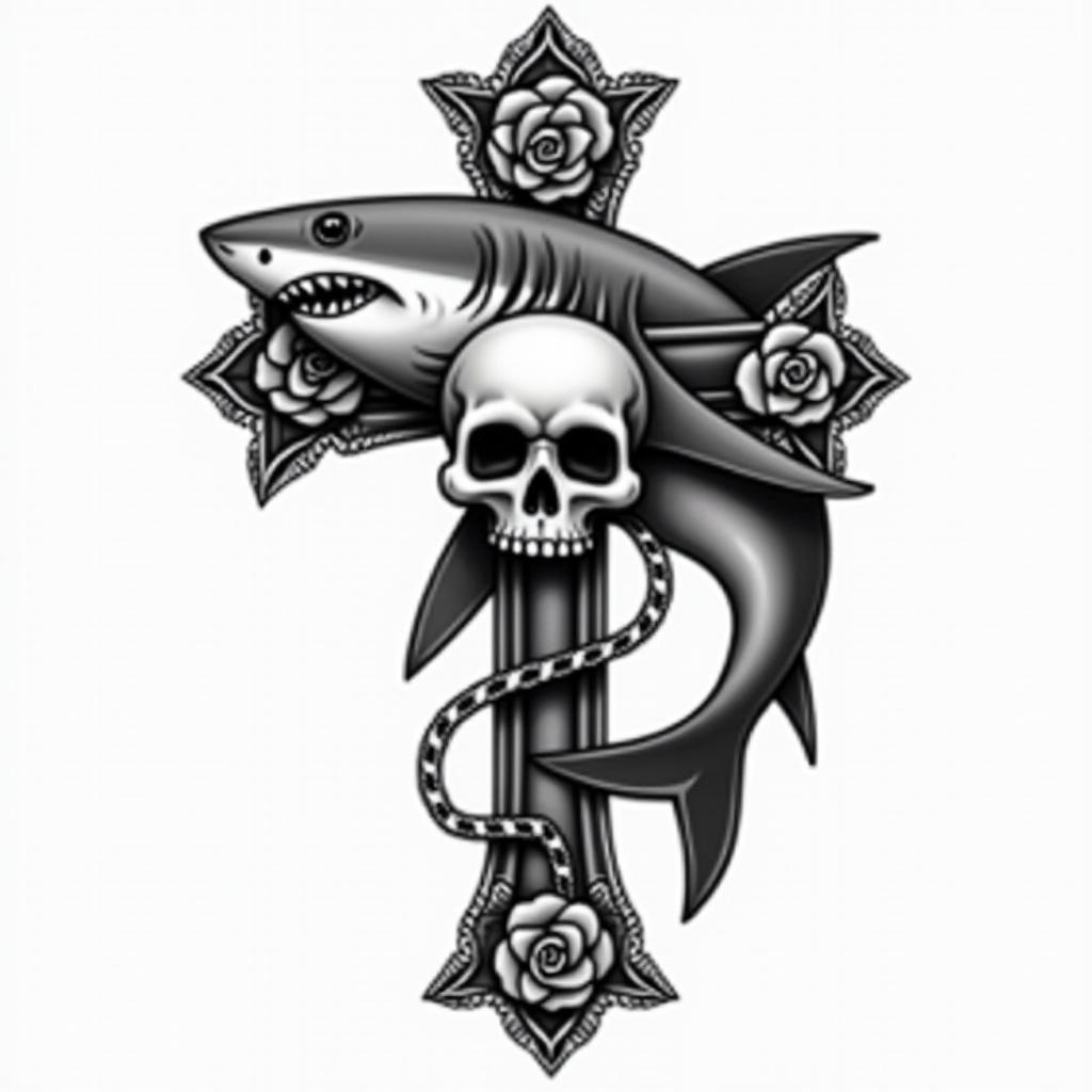Simple sharkin chicano style tattoo, featuring intricate black and grey shading, bold elements of traditional chicano culture symbols, add a big cross with skull, chains and roses