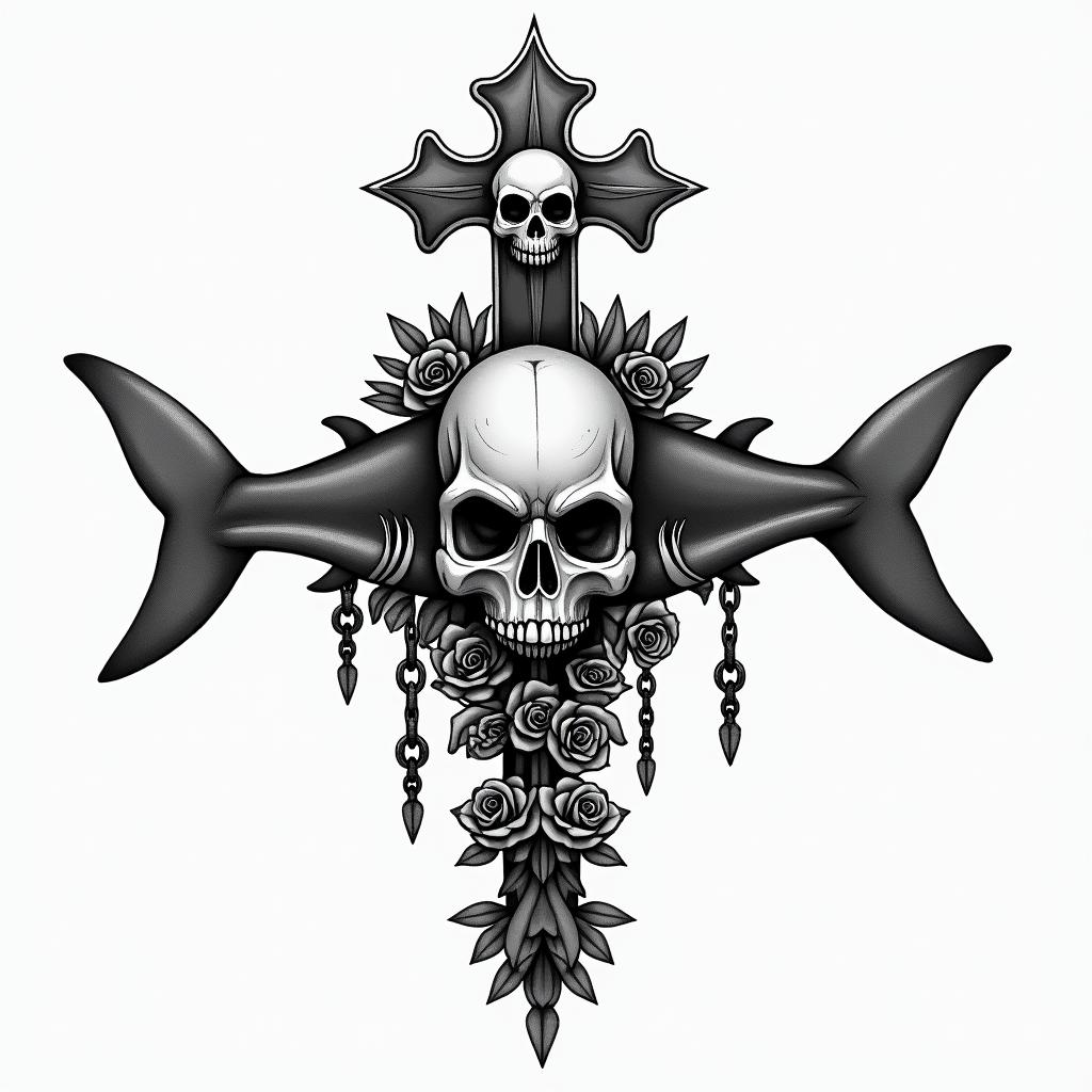 Simple sharkin chicano style tattoo, featuring intricate black and grey shading, bold elements of traditional chicano culture symbols, add a big cross with skull, chains and roses - Variation 4
