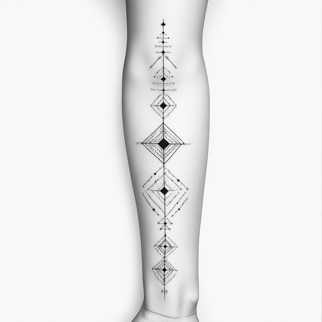 Ornament, Fineline, on the forearm just below the elbow.in minimalist style tattoo, featuring simple shapes and fine lines, with minimal shading and details, tiny triangles, creating a sense of balance and harmony - Variation 3
