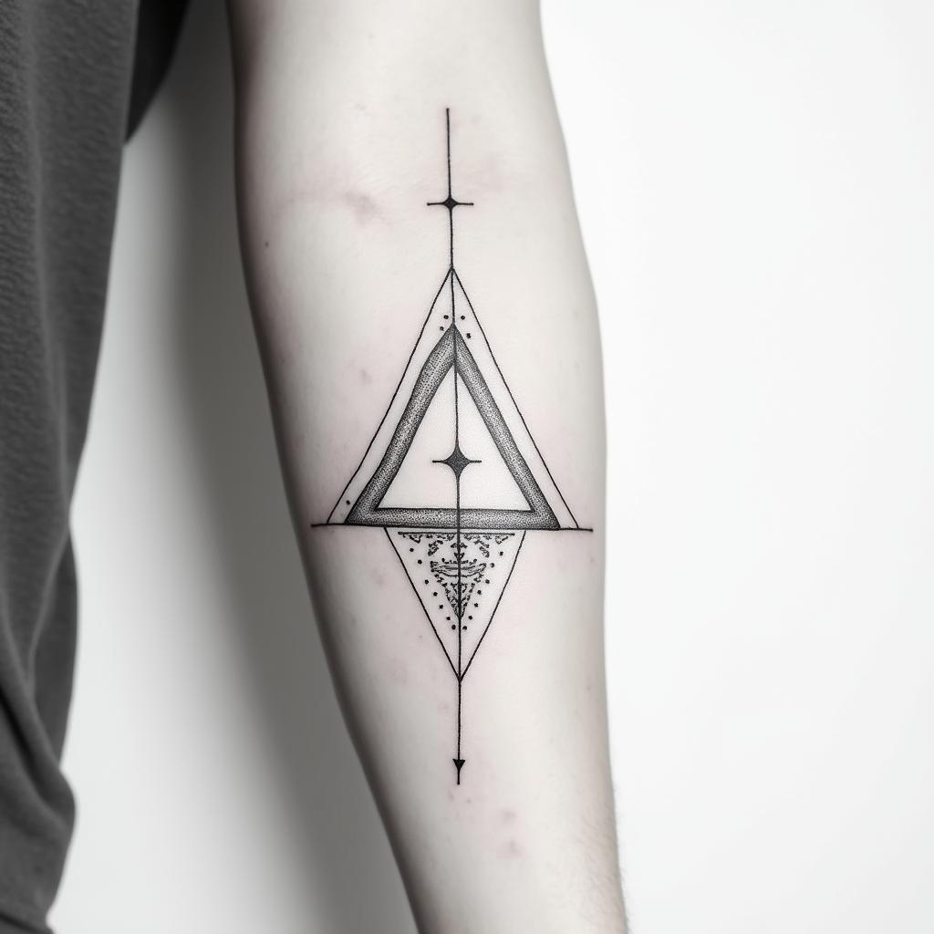 Ornament, Fineline, on the forearm just below the elbow.in minimalist style tattoo, featuring simple shapes and fine lines, with minimal shading and details, tiny triangles, creating a sense of balance and harmony - Variation 4