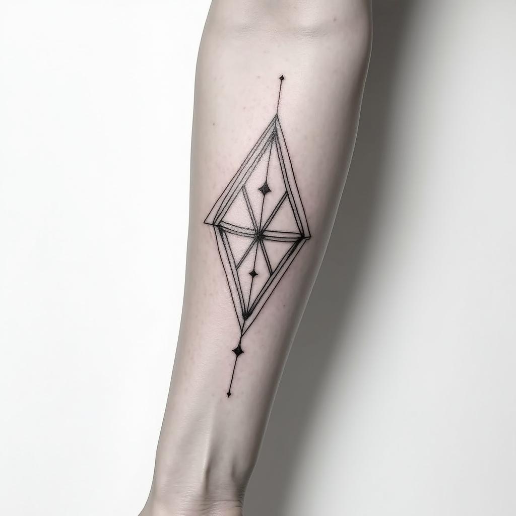 Ornament, Fineline, on the forearm just below the elbow.in minimalist style tattoo, featuring simple shapes and fine lines, with minimal shading and details, tiny triangles, creating a sense of balance and harmony - Variation 2