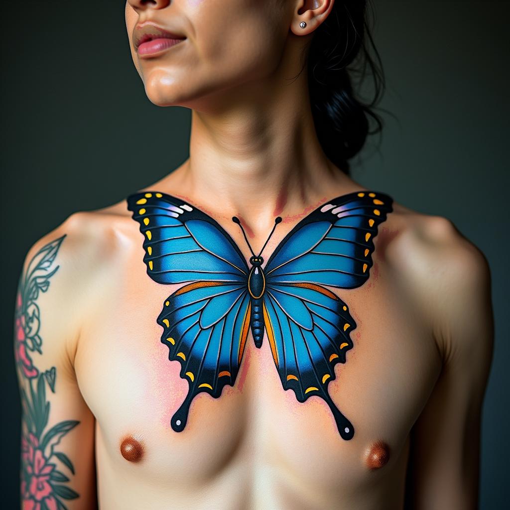 blue butterflyin pop art style tattoo, featuring bold and vibrant colors, exaggerated outlines, iconic imagery, inspired by comic books and speech bubbles, comic book characters, retro pop culture - Variation 3