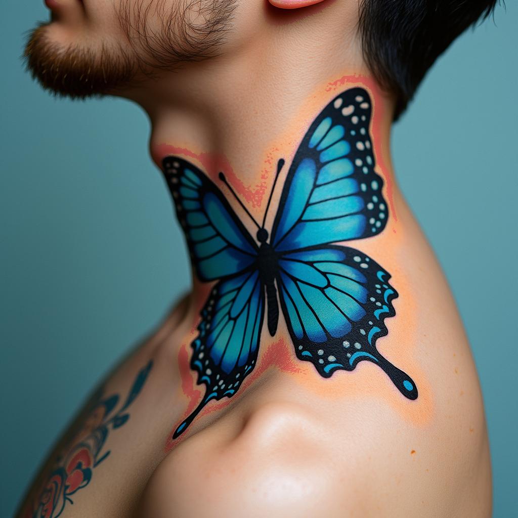 blue butterflyin pop art style tattoo, featuring bold and vibrant colors, exaggerated outlines, iconic imagery, inspired by comic books and speech bubbles, comic book characters, retro pop culture - Variation 2