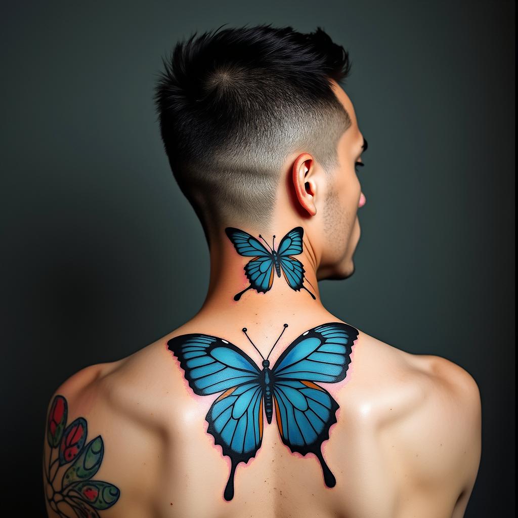 blue butterflyin pop art style tattoo, featuring bold and vibrant colors, exaggerated outlines, iconic imagery, inspired by comic books and speech bubbles, comic book characters, retro pop culture