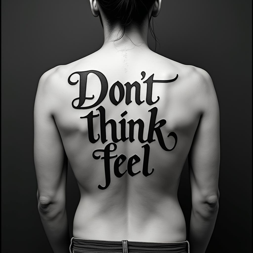 Don,t Think,Feeltext-based tattoo, gothic font ultra-realistic, perfectly placed, high-quality font design, photo-realistic shading, 8k, high quality, finely detailed typography - Variation 7